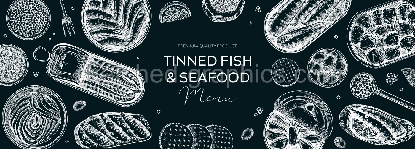 Tinned fish table design. Hand drawn seafood restaurant design in sketch style. Canned fish and shellfish on chalkboard. Vintage sardines, caviar, mackerel, tuna, mussels vector food illustrations Illustration